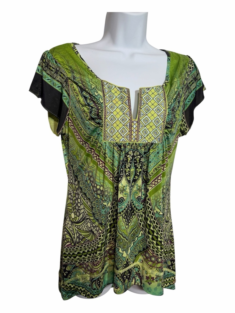 Bohemian Hippie Green Tribal Top Square Neck Embroidered Size Small Petite